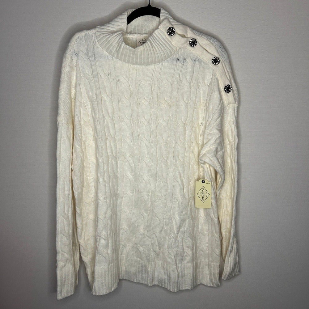 St Johns Bay Ivory Cable Knit Mock Neck Button Sweater Petite XXL NWT Festive